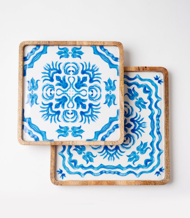 Blue Block Print Serving Trays, Set Of 2