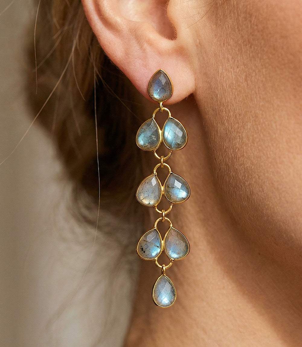 Gold plated Feather Drop Gemstone Earrings with mother of pearl gemstones, 2.75 inches long