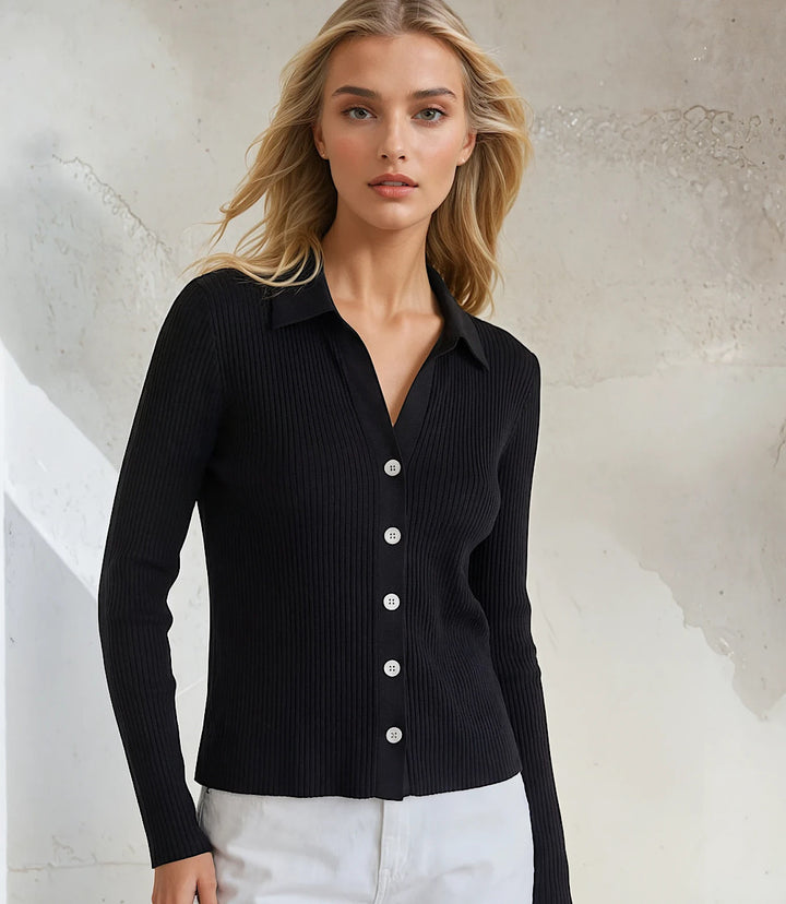 Ribbed Long Sleeve Button Front Top