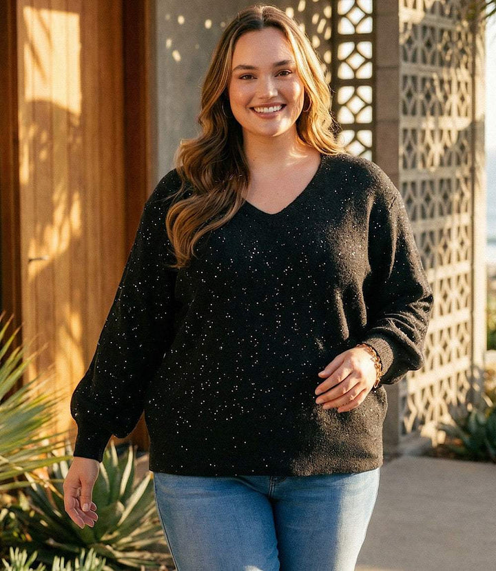 Plus size sequin V-neck long-sleeve sweater with ribbed edges and relaxed fit