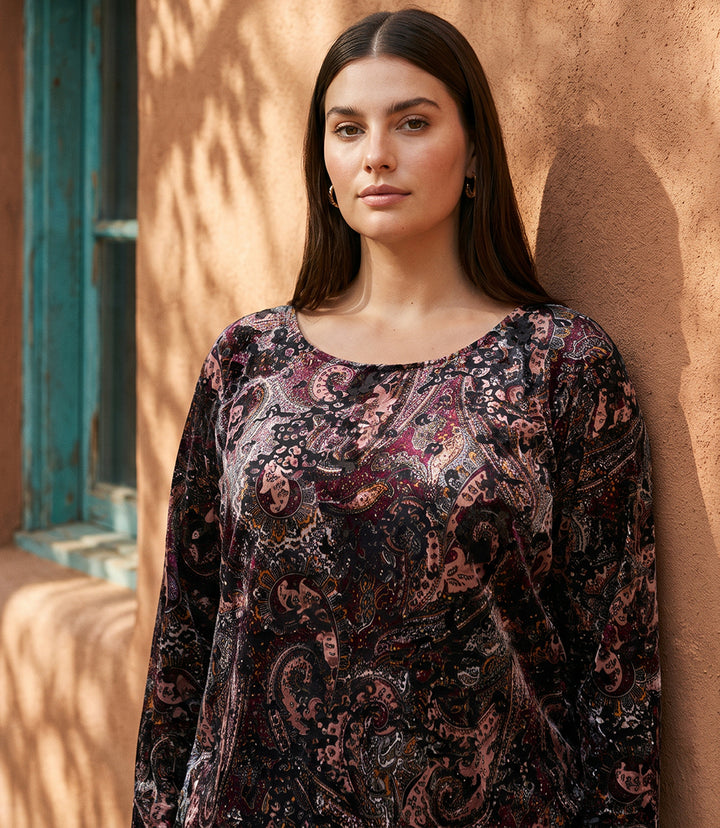 Plus Size Long Sleeve Velvet Burnout Shirttail Top