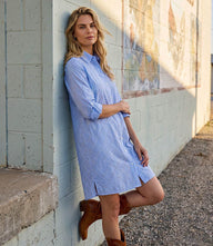 Stripe Roll-Tab Embellished Shirtdress in yarn-dyed cotton with rhinestone details and button-front closure