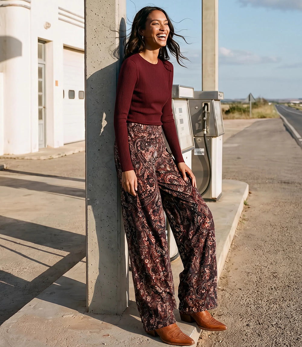 Velvet Burnout Wide-Leg Pants