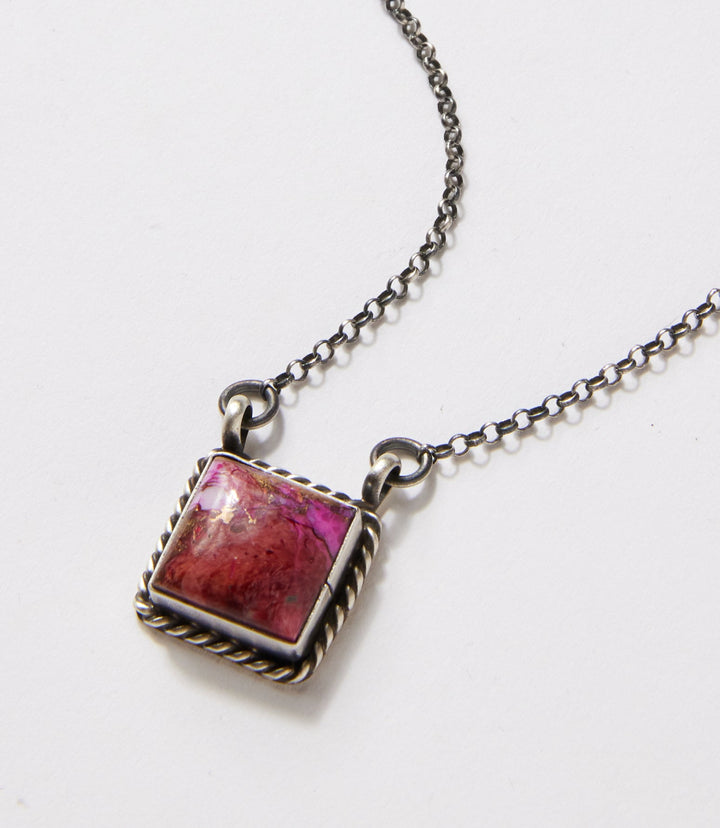Pink Dahlia Square Pendant Necklace