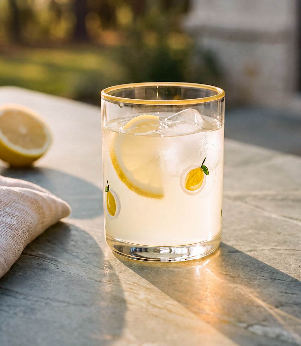 Hand-painted lemon glass tumbler with vibrant lemon motifs, 16 oz capacity, 4.5" tall, perfect for cocktails and lemonade