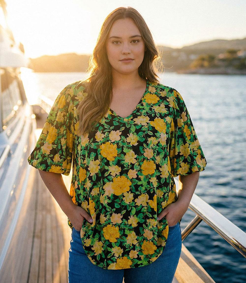 Plus Size Puff Sleeve Top - Flowy V-Neck Blouse in Golden Rose
