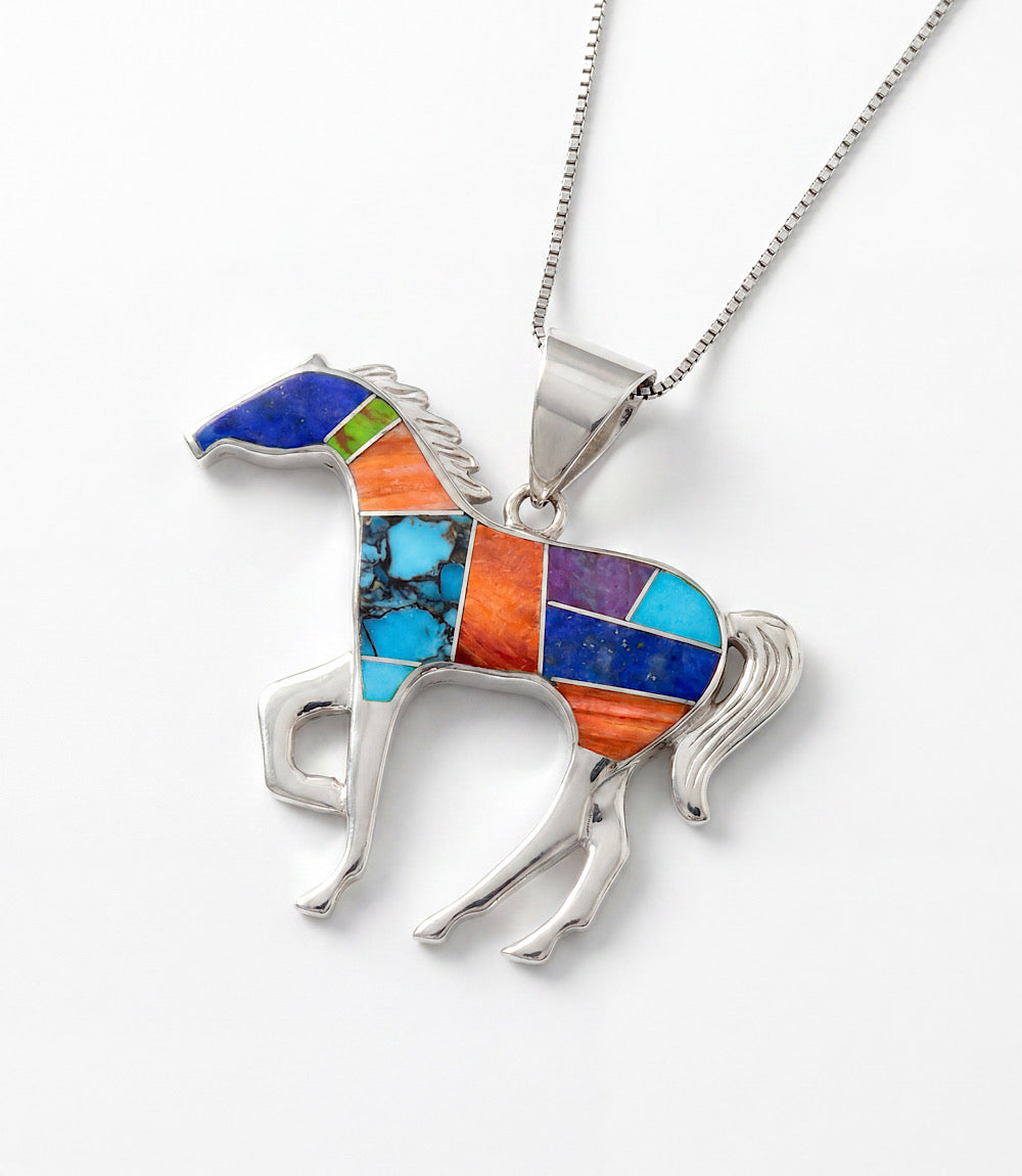Multi-Stone Inlay Running Horse Pendant Necklace