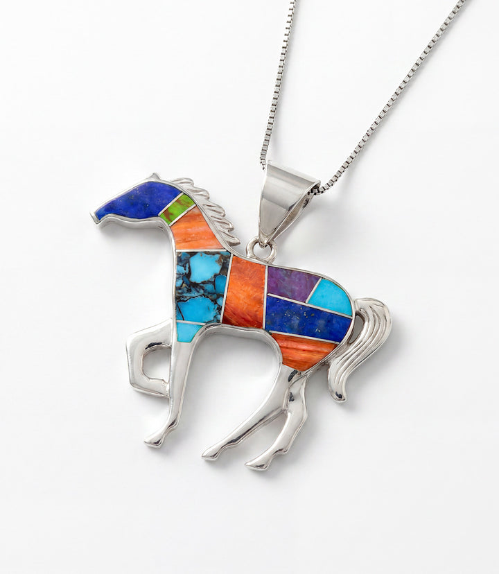 Multi-Stone Inlay Running Horse Pendant Necklace