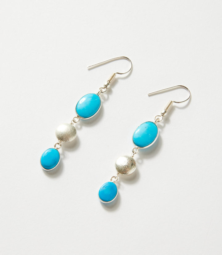 Triple Drop Turquoise And Silver Bead Earrings