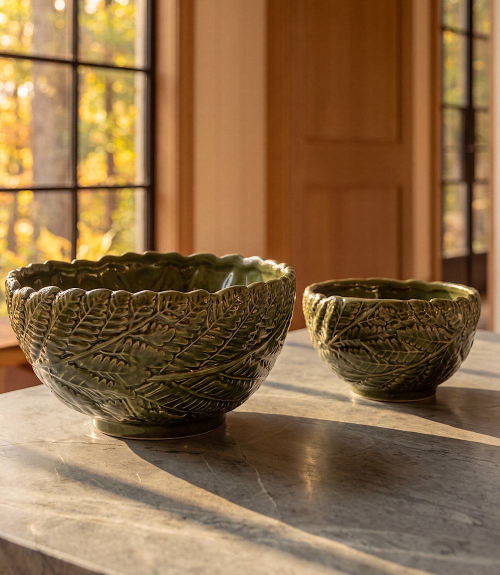 Set of 2 ceramic Fern Leaf Bowls with intricate fern design, small and large sizes for serving or decor
