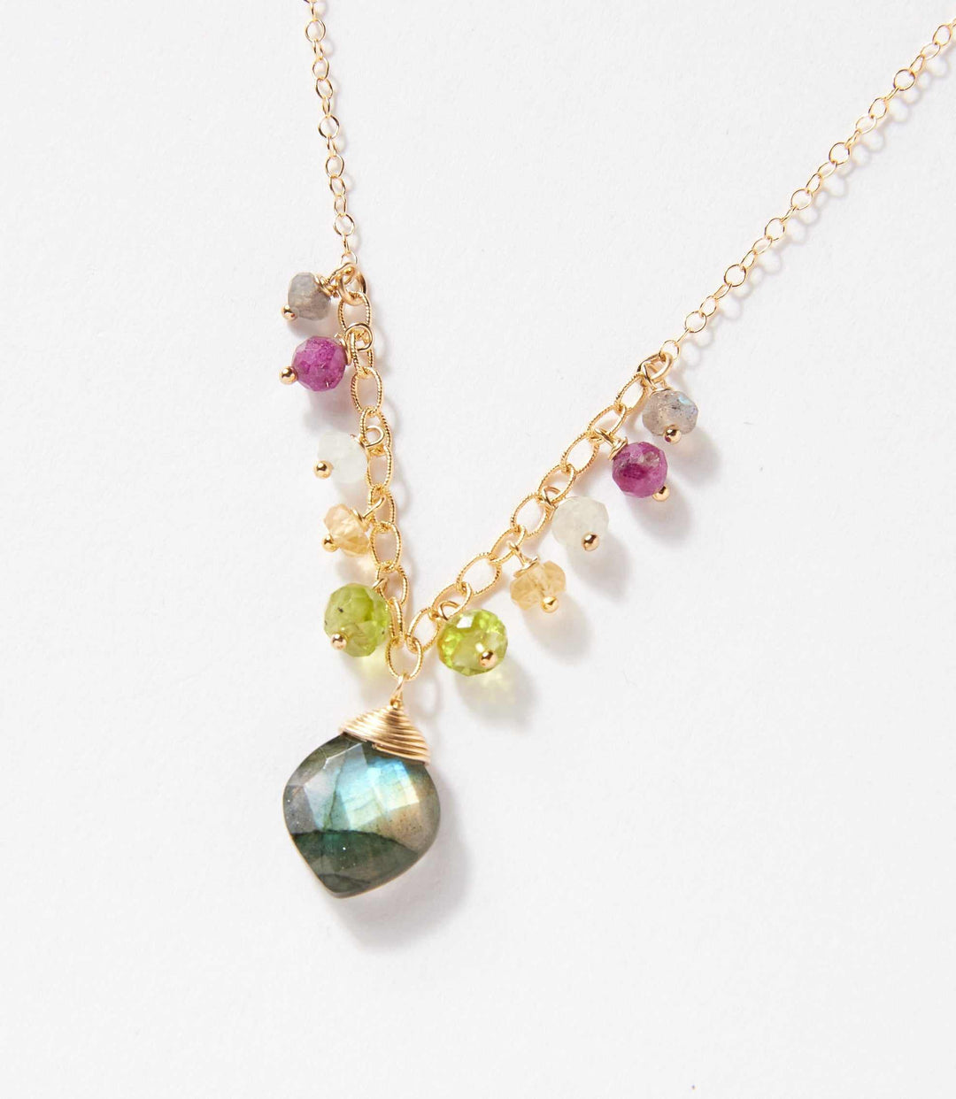 Beaded gemstone pendant necklace with labradorite, peridot, ruby, citrine, aquamarine, and gold-filled chain