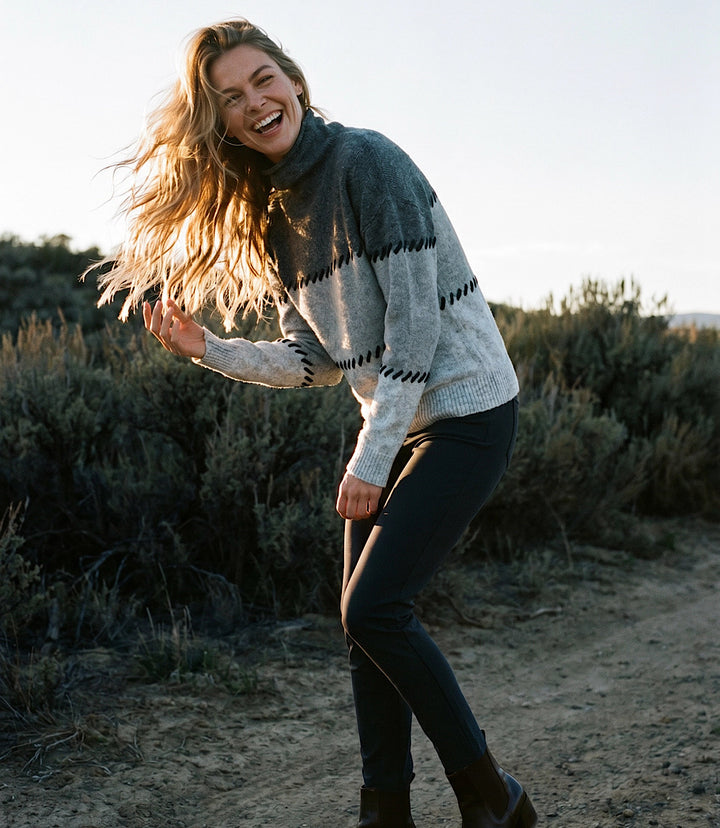 Contrast Stitch Mock Neck Colorblock Sweater