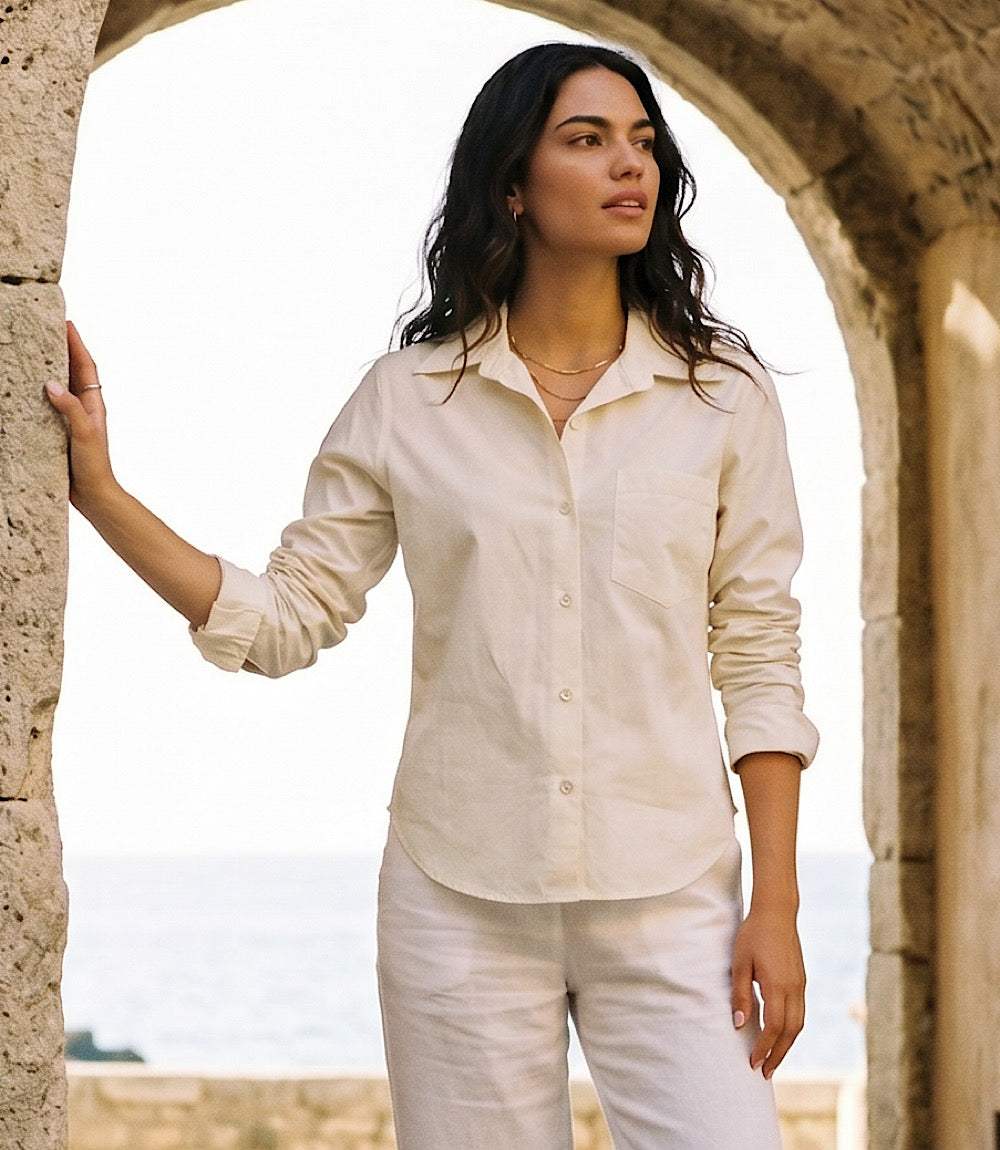 White ruched sleeve button-up shirt with collar and chest pocket on mannequin