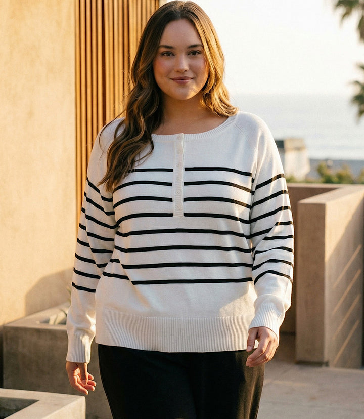 Plus Size Henley Stripe Sweater