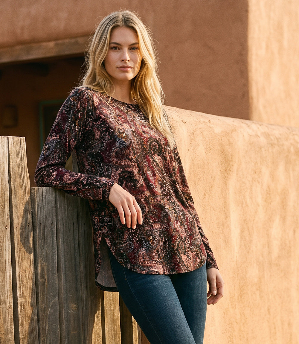 Long Sleeve Velvet Burnout Shirttail Top