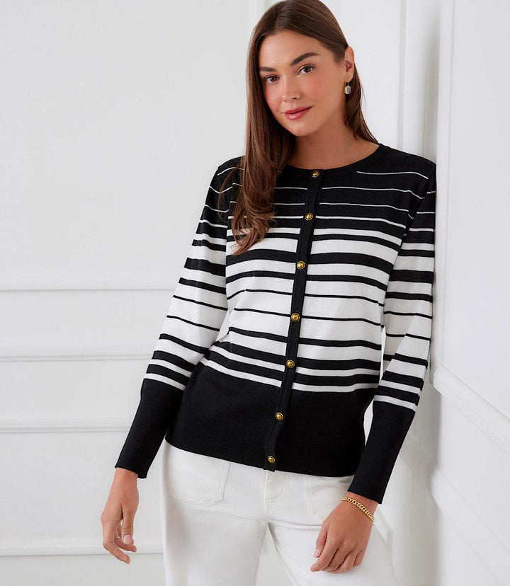 Modern stripe cardigan sweater with gold buttons and crew neck