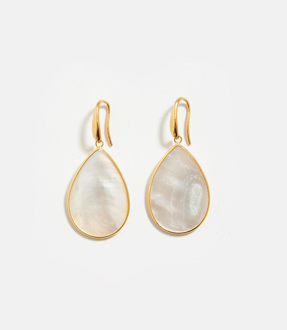 Teardrop-shaped mother of pearl earrings with gold overlay, handcrafted and shimmering.
