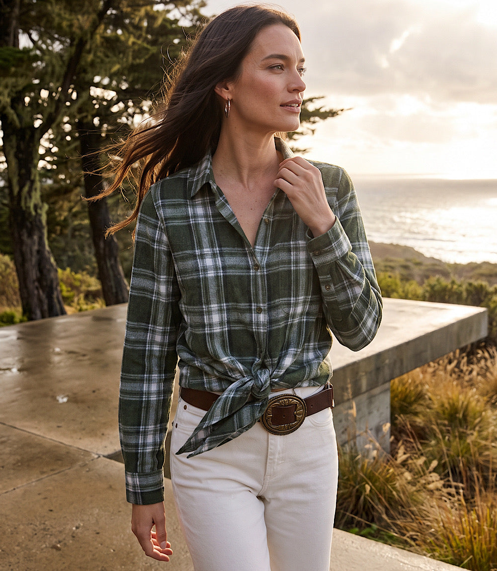 Long Sleeve Plaid Tie-Front Shirt