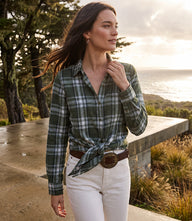 Long Sleeve Plaid Tie-Front Shirt