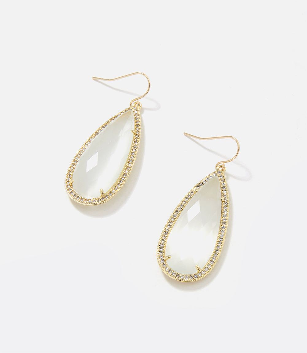 Pavé long teardrop earrings with clear cat eye stones and gold setting