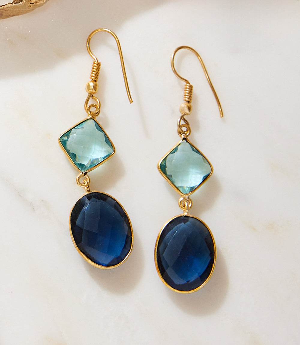 Gold plated multi gemstone earrings with aquamarine and sapphire stones in two-drop design