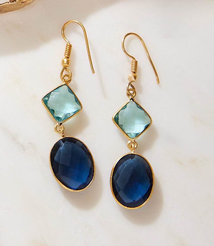Gold plated multi gemstone earrings with aquamarine and sapphire stones in two-drop design
