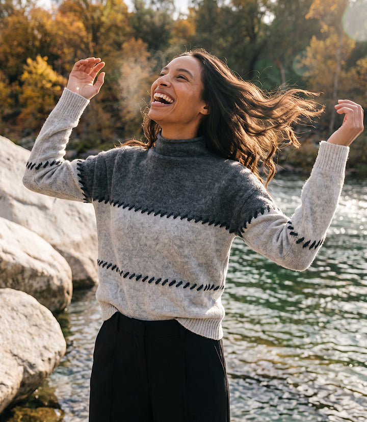 Contrast Stitch Mock Neck Colorblock Sweater