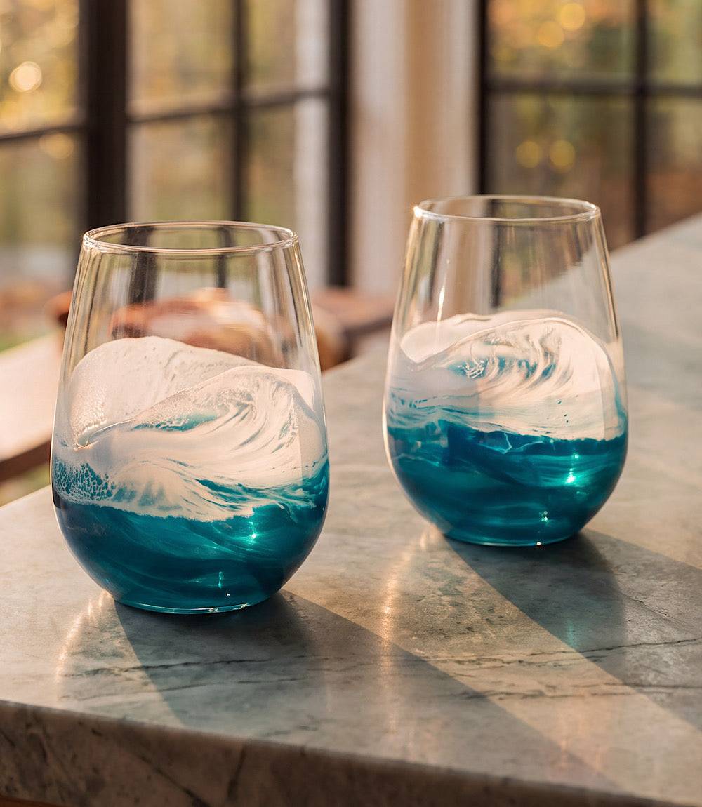 Set of 2 Ocean Waves Wine Glasses with hand-designed resin wave accents, 15 oz capacity, eco-friendly and handmade.
