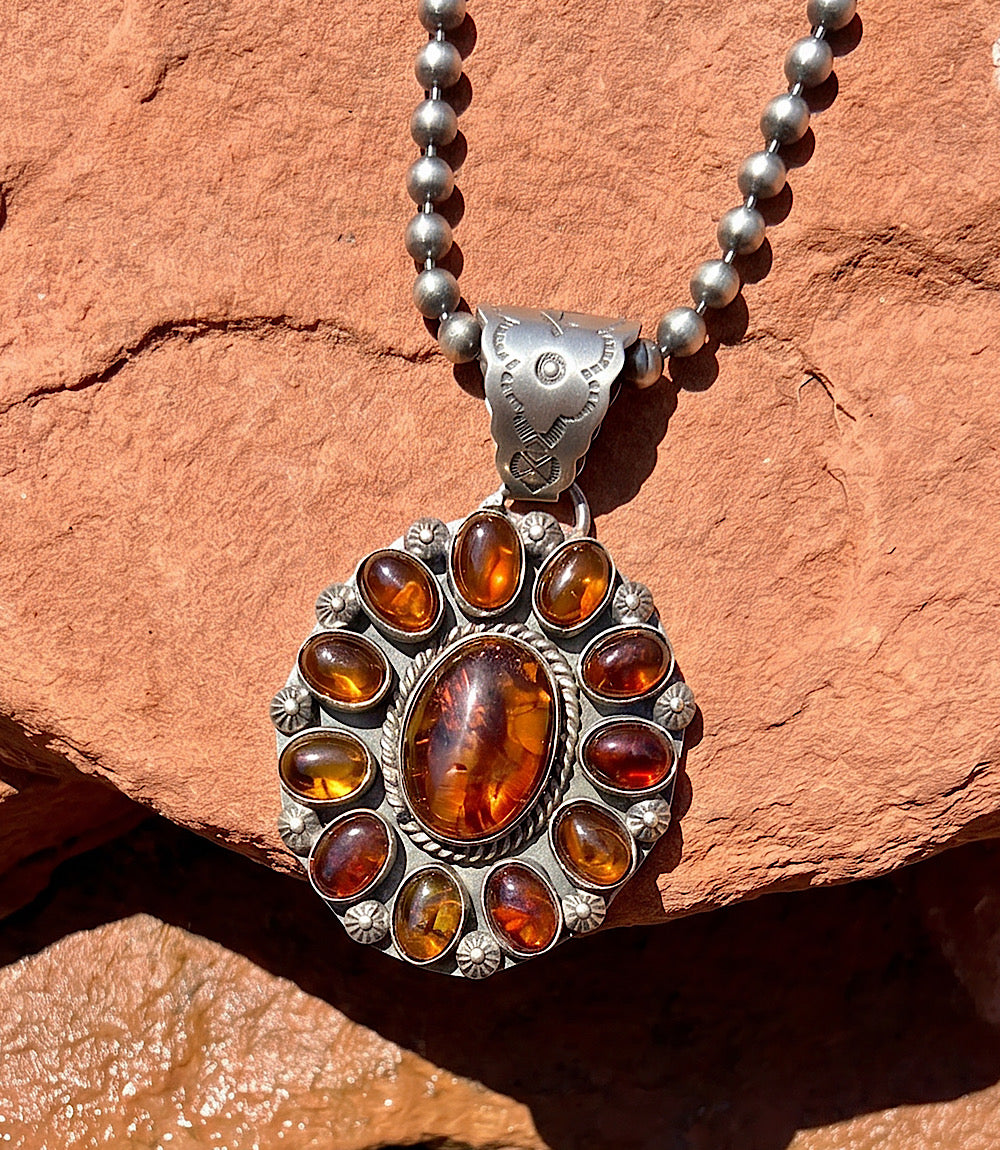 Vintage Embellished Amber Pendant Necklace