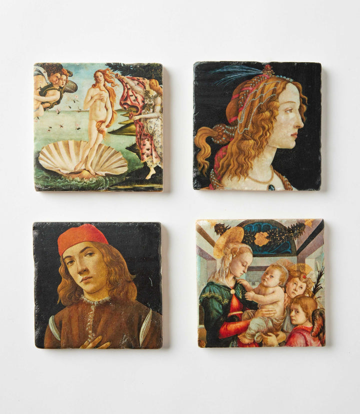 Set of 4 Botticelli marble coasters featuring iconic Renaissance artwork on tumbled marble squares