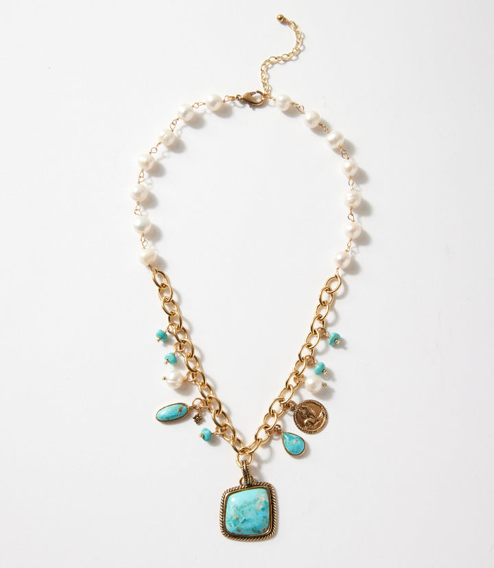 Blue Turquoise And Pearl Necklace