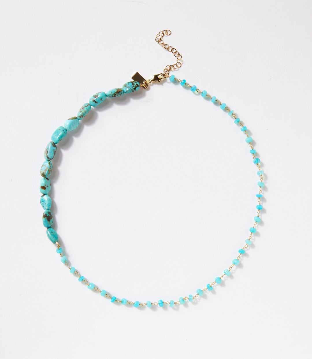 Harmony Turquoise Necklace with genuine turquoise, opal, cubic zirconia, and 14K gold vermeil clasp against white background