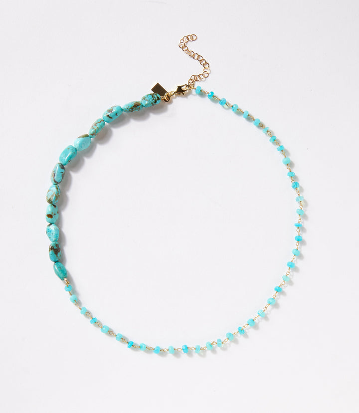 Harmony Turquoise Necklace with genuine turquoise, opal, cubic zirconia, and 14K gold vermeil clasp against white background