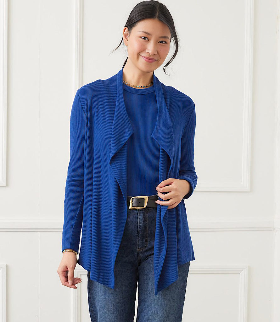 Long Sleeve Ribbed Drape Front Cardigan - Cozy, Stylish & Modern