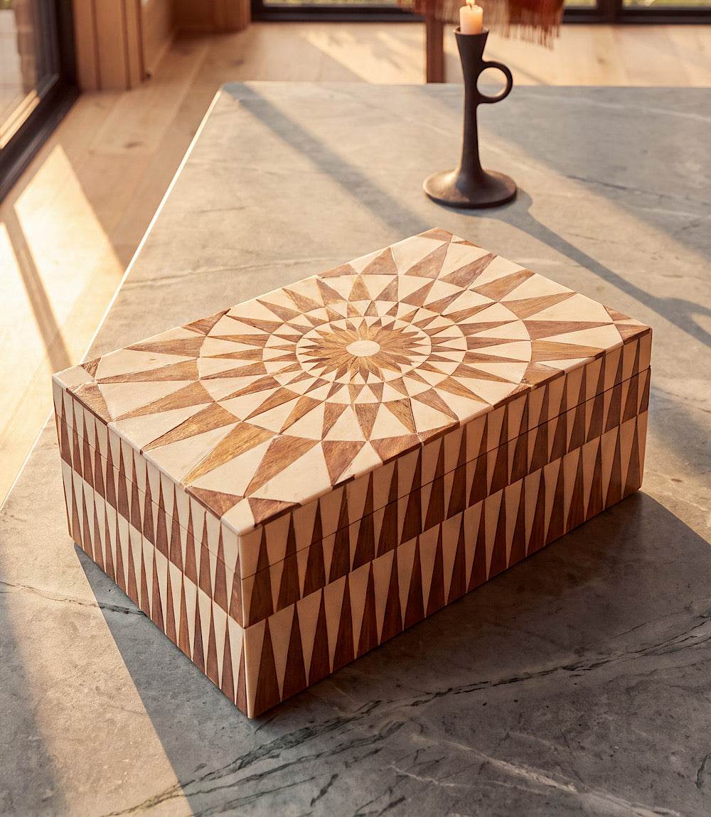 Large Mosaic Bone Decorative Box with geometric bone inlay and wood-finished interior.