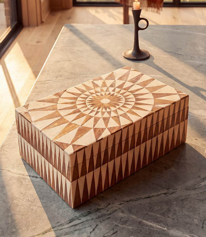 Large Mosaic Bone Decorative Box with geometric bone inlay and wood-finished interior.