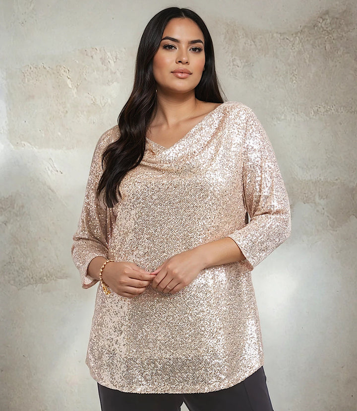 Plus Size 3/4 Sleeve Drape Front Sequin Top