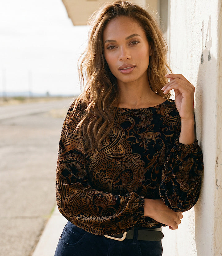 Blouson Sleeve Velvet Burnout Boatneck Top
