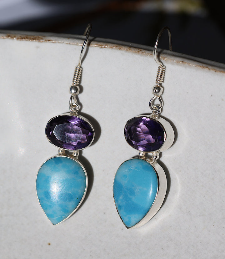 Larimar And Amethyst Drop Earrings