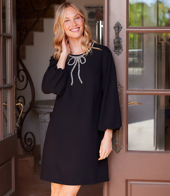 Puff Sleeve Embellished Bow Shift Dress