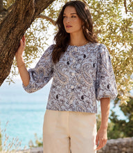 Light blue puff sleeve button front top with paisley print and scoop neck.
