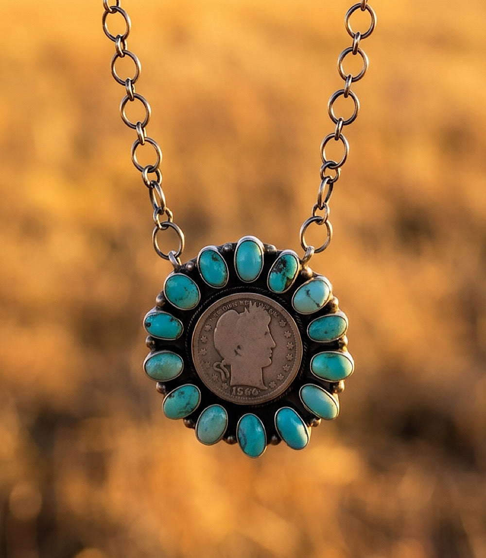 Turquoise Half Dollar Coin Pendant Necklace