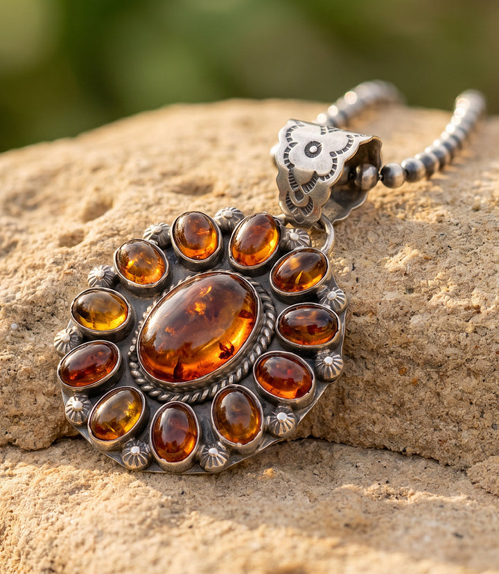 Vintage Embellished Amber Pendant Necklace