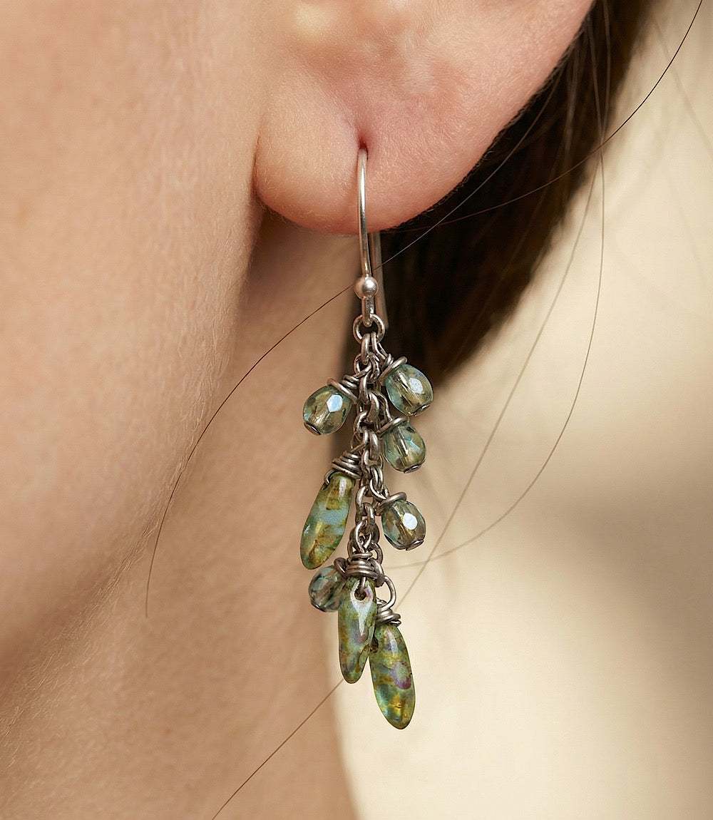 Rustic Creek Glass Cluster Earrings with green Czech glass beads and sterling silver hooks