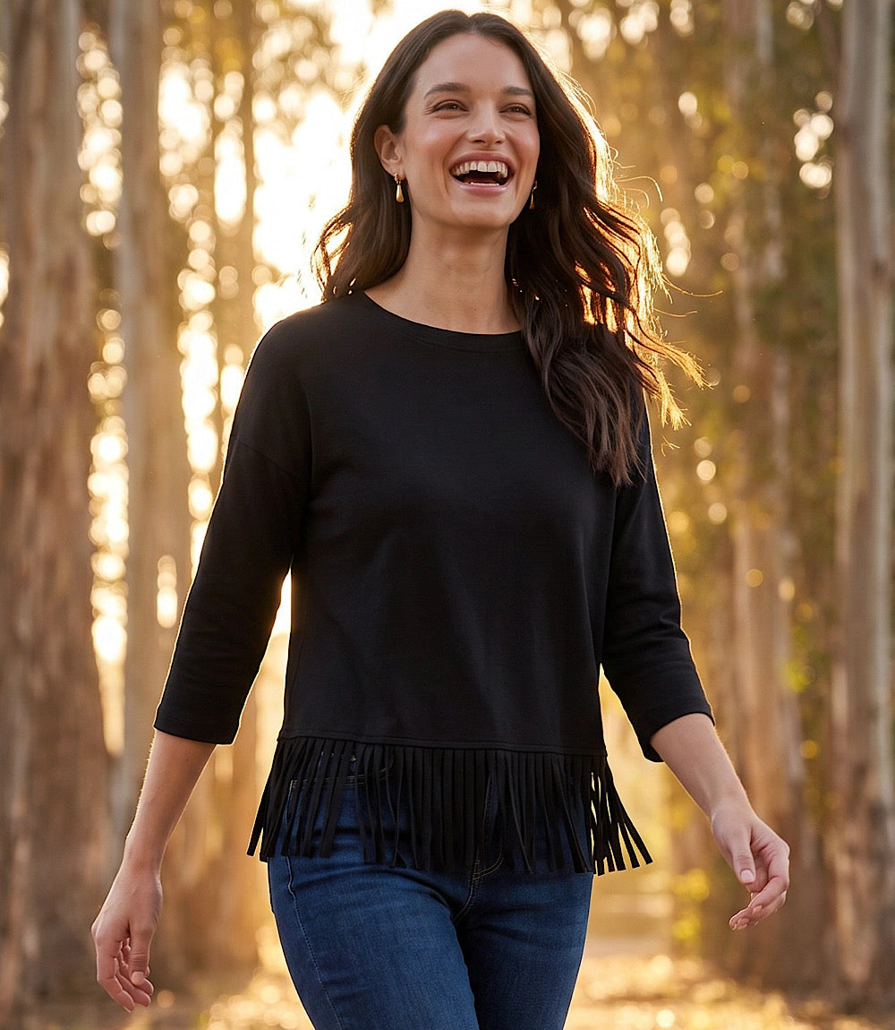 3/4 Sleeve Fringe Boatneck Top