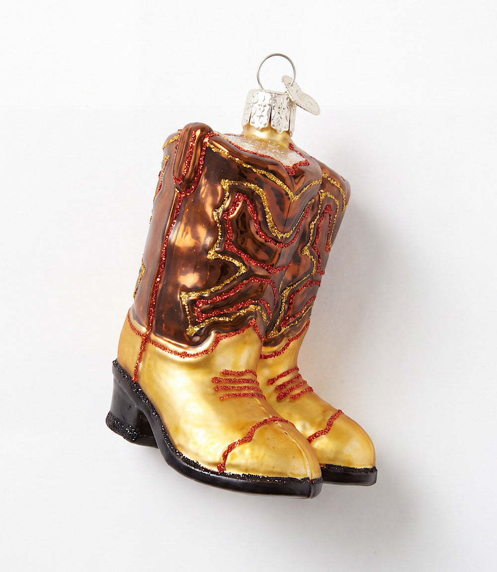 Brown Pair Of Cowboy Boots Glass Ornament