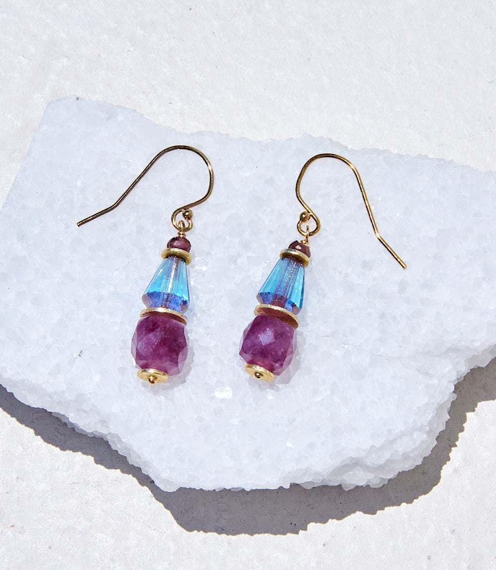 Ruby and blue glass earrings with faceted ruby gemstones and Czech glass on gold-filled hooks