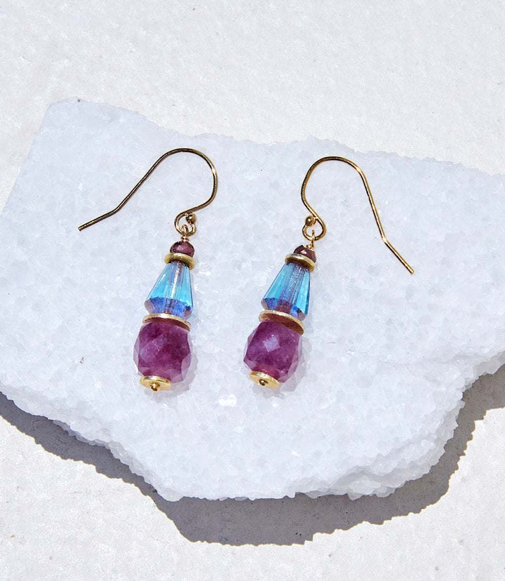 Ruby and blue glass earrings with faceted ruby gemstones and Czech glass on gold-filled hooks
