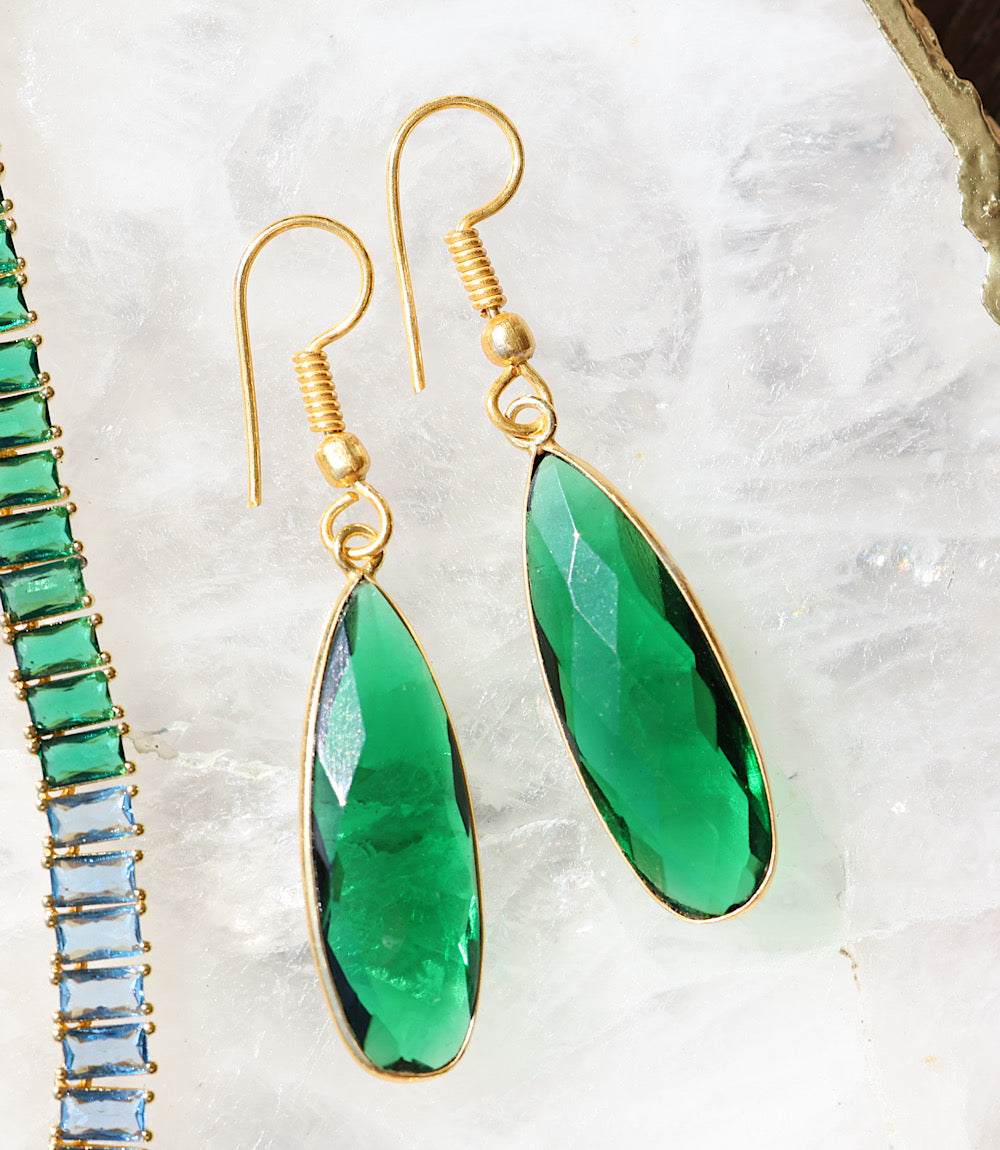 Gold-plated emerald quartz earrings with faceted green glass stones and hook closures