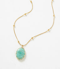 Gold-framed amazonite pendant necklace with gold-plated chain and lobster clasp closure